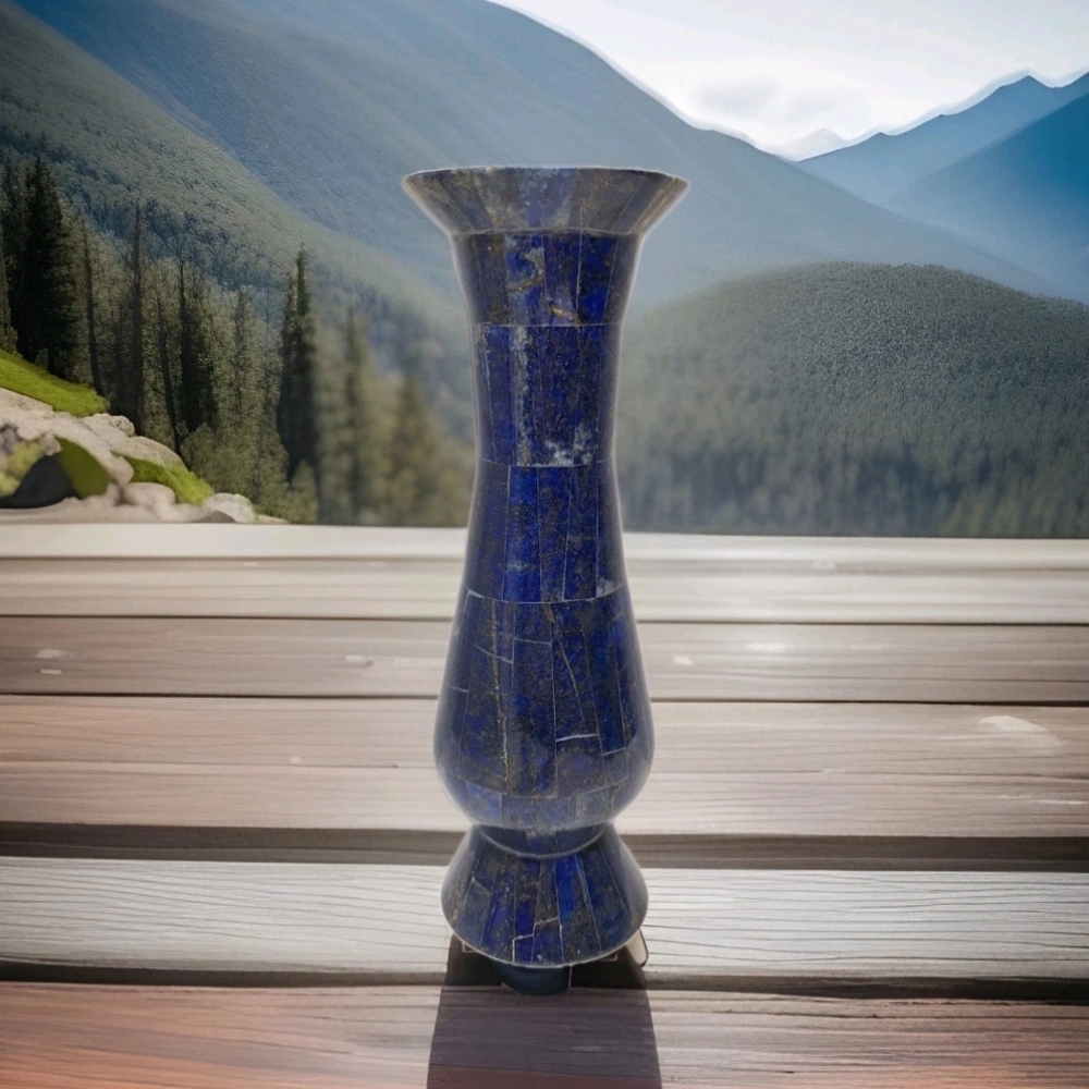 Blue Lapis Lazuli Handmade Brass Lined Natural Gemstone Inlay Vase Cobalt Unique